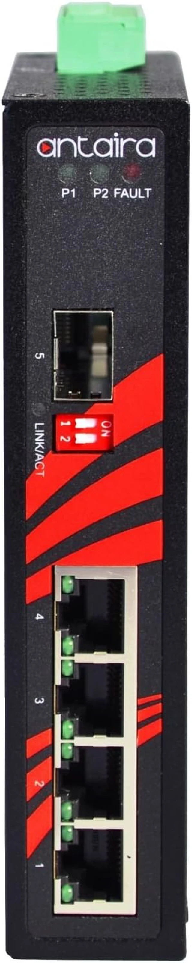 Alt view image 3 of 6 - Antaira LNX-0501G-SFP-T Industrial-Grade 5-Port Unmanaged Gigabit Ethernet Switch, 1 SFP Slot, DIN-Rail Mount, -40 to 75°C Operating Temperature, Redundant 12 to 48 VDC Power Input