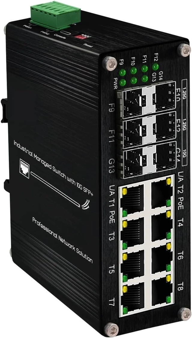 Alt view image 2 of 2 - Industrial Din Rail Switch Gigabit Ethernet Industrial L2+ Managed Ethernet Fiber Switch:8-Port 1000M RJ45 + 4-Port 1G SFP + 2 Ports 10G SFP,DIN 8 Ports Switch with 6 SFP(Non-PoE Type)