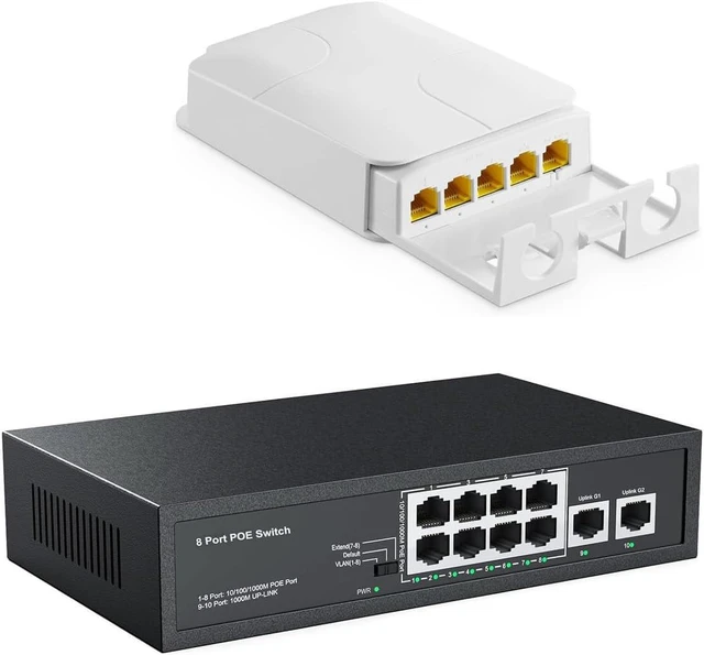 Main image of 10 Port PoE Switch, 8 Ports PoE+ 2 Uplink Unmanaged 100Mbps Switch, High Total Power Budget 120W, 802.3af/at Compliant, Work with IP Cameras VOIP Phones, Bundle with 5 Port PoE Extender Gigabit