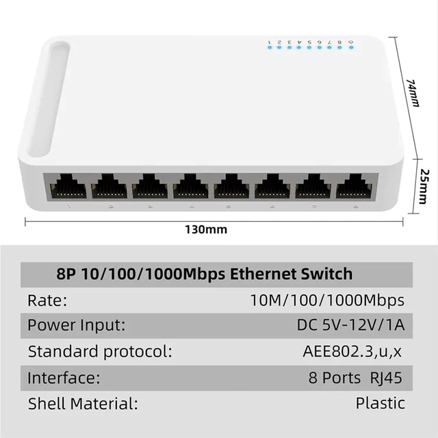 Alt view image 5 of 5 - 5 Port Gigabit Switch 10/100/1000M Home Network Hub with Power Cable, Office Ethernet Splitter, Switch Hub EU Plug