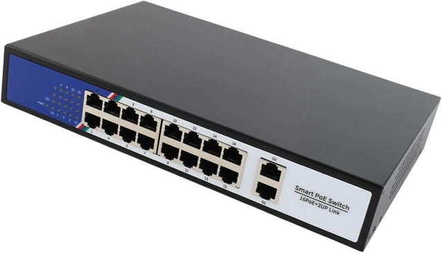 Alt view image 7 of 7 - for Office and Home Networking Systems, Ethernet POE Switch 18 Port Network Hub with 16 10 100M Ports and 2 10 100 1000M Ports, 7.2 Gbps Switching Capacity, 100 240V US Plug