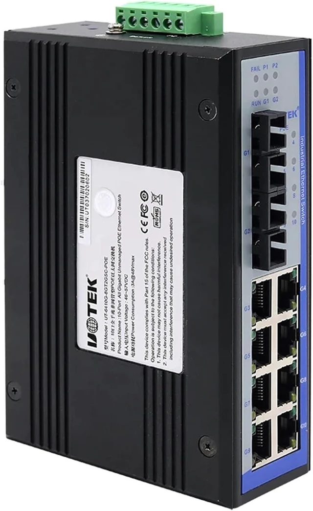Main image of 1PCS Industrial Grade Gigabit 1000M 8 Ports Network Unmanaged POE Ethernet Switch 2 Optical Fiber SC DIN-Rail UT-6410G-8GT2GSC