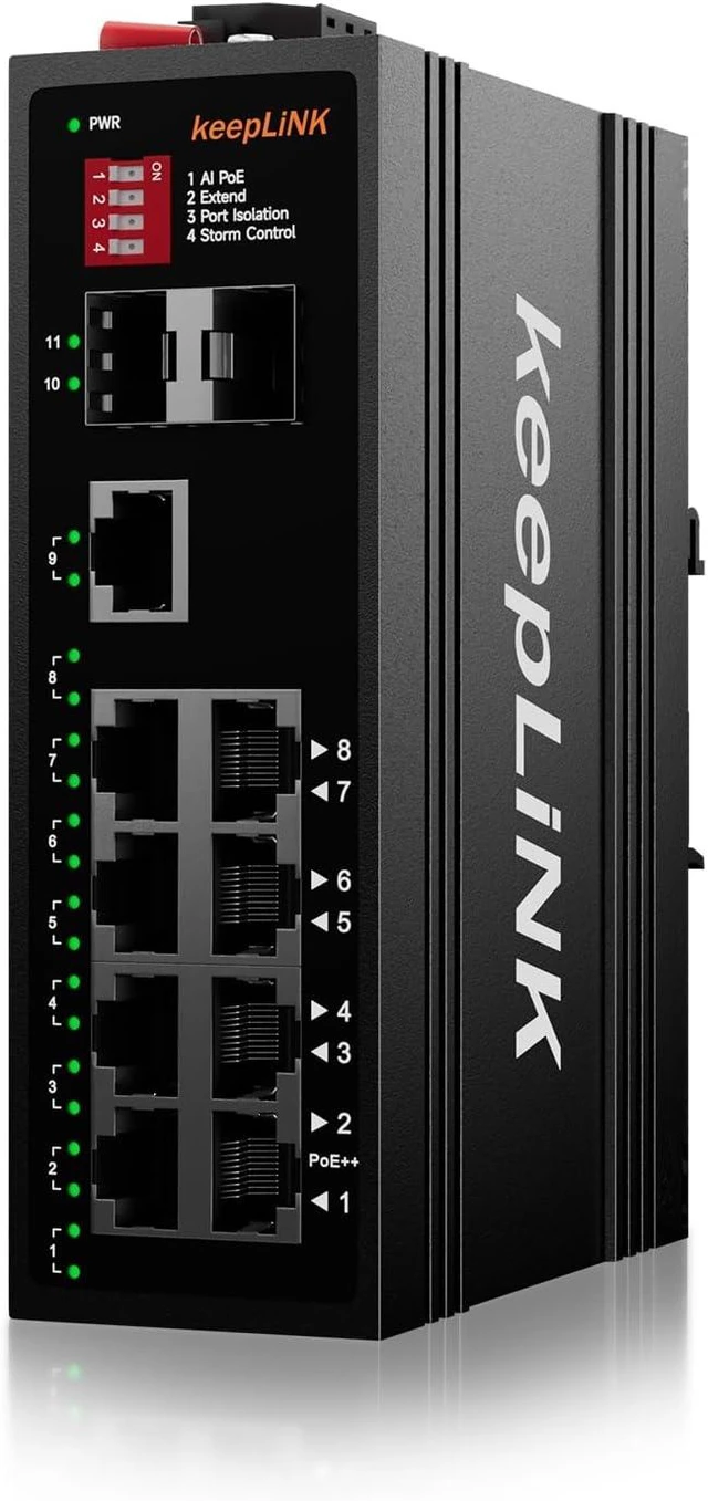 Main image of 8 Port Industrial PoE Switch with 2 BT 90W PoE++ Ports, 2 Gigabit SFP Uplinks, 1 Gigabit Uplinks, 240W Budget DIN-Rail Switch for PTZ Camera/Lighting/Monitor