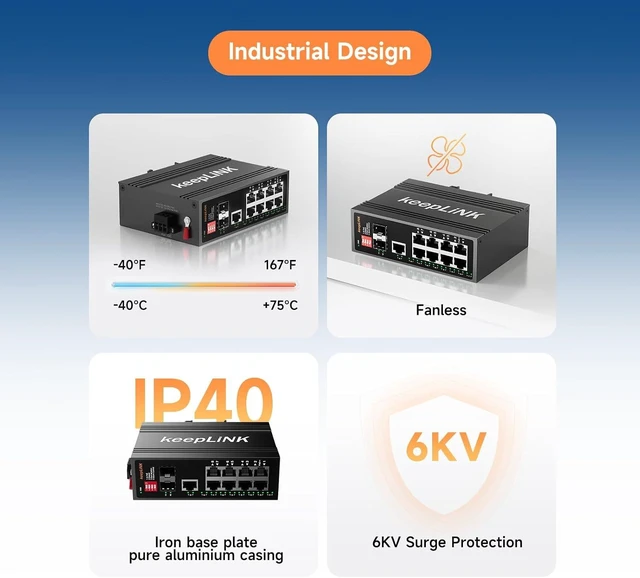 Alt view image 5 of 7 - 8 Port Industrial PoE Switch with 2 BT 90W PoE++ Ports, 2 Gigabit SFP Uplinks, 1 Gigabit Uplinks, 240W Budget DIN-Rail Switch for PTZ Camera/Lighting/Monitor