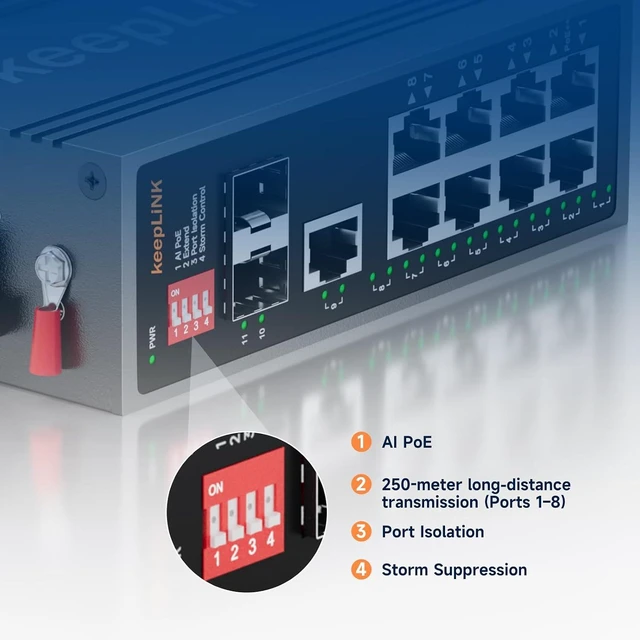 Alt view image 6 of 7 - 8 Port Industrial PoE Switch with 2 BT 90W PoE++ Ports, 2 Gigabit SFP Uplinks, 1 Gigabit Uplinks, 240W Budget DIN-Rail Switch for PTZ Camera/Lighting/Monitor