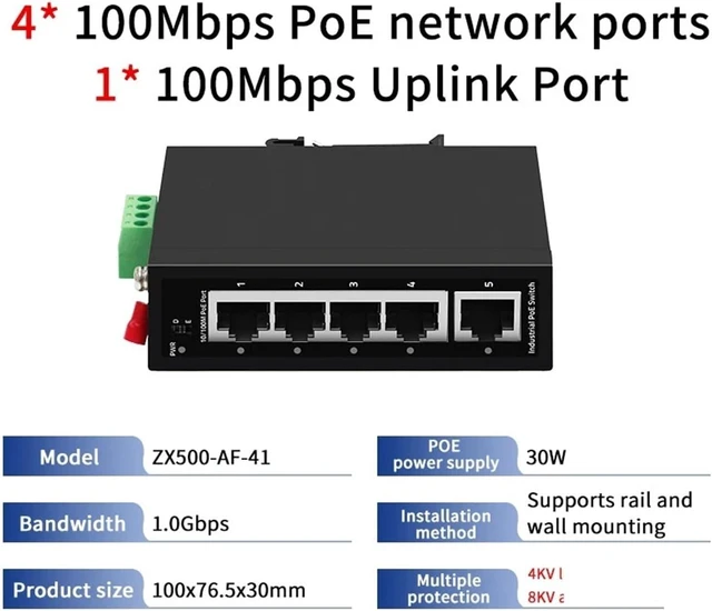 Alt view image 2 of 3 - Industrial Din Rail Switch Gigabit Ethernet Industrial Gigabit POE Switch 5/6 Port 100/1000Base-T DIN IP30 Network Ethernet Switch Max BT90W(ZX500-AF-41)