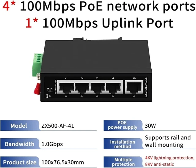 Alt view image 2 of 7 - Industrial Gigabit POE/Non-POE Switch 5/6 Port 100/1000M DIN IP30 Network Ethernet Switch Protection Max BT90W(ZX500-AF-41)
