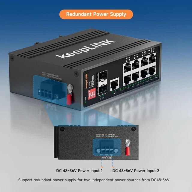 Alt view image 4 of 7 - 8 Port Industrial PoE Switch with 2 BT 90W PoE++ Ports, 2 Gigabit SFP Uplinks, 1 Gigabit Uplinks, 240W Budget DIN-Rail Switch for PTZ Camera/Lighting/Monitor
