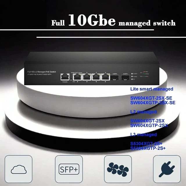 Alt view image 2 of 3 - Full 10Gbe 4 Port Web /L2/L3 Managed 10 GPS PoE Or None with 2 * 10G SFP+ Switch(L2 Non PoE)
