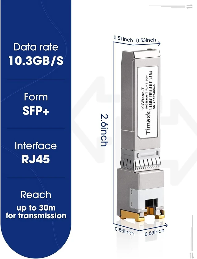 Alt view image 2 of 6 - Timaxk 10G SFP+ to RJ45 Transceiver, 10GBase-T Copper Ethernet Module, 30m Over Cat6a/Cat7, Compatible with Cisco SFP-10G-T-S, Ubiquiti UACC-CM-RJ45-MG, MikroTik S+RJ10, Netgear, QNAP, 1 Pack