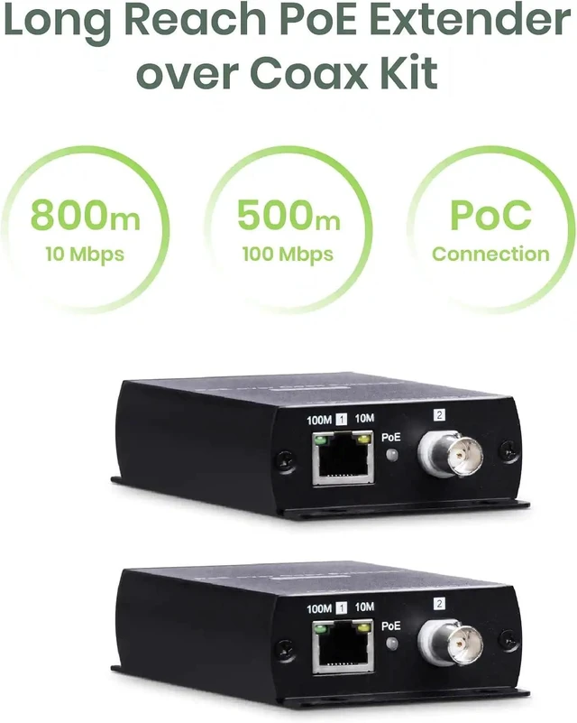 Alt view image 5 of 7 - PoE Over Coax Extender Kit 802.3af/at/bt Compatible, RG59/RG6, 10/100Mbps, Up to 500m at 100Mbps / 800m at 10Mbps IP09CPK