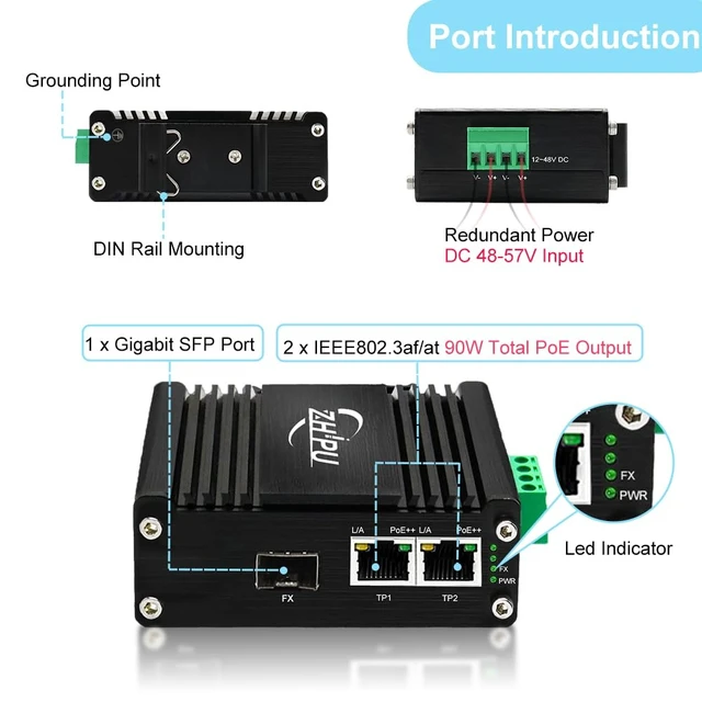 Alt view image 2 of 7 - DC48-57V IEEE802.3af/at/bt 1000Mbps Fiber 90W Media Converter