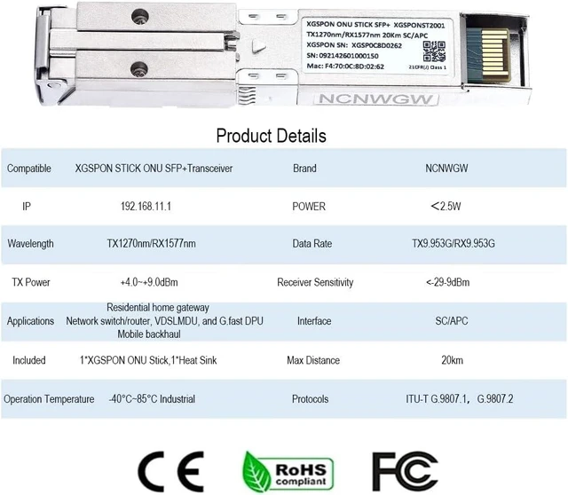Alt view image 4 of 6 - XGSPON SFP+ ONU Stick with 8311 Firmware 10G XGS-PON ONT Transceiver