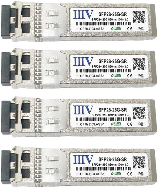 Main image of 25GBase-SR SFP28 Transceiver, 25G SFP28 SR Multimode Optical Module, 850nm, 100m, DDM/DOM, Duplex LC MMF, Compatible with Cisco, Juniper, Arista and More (4-Pack)