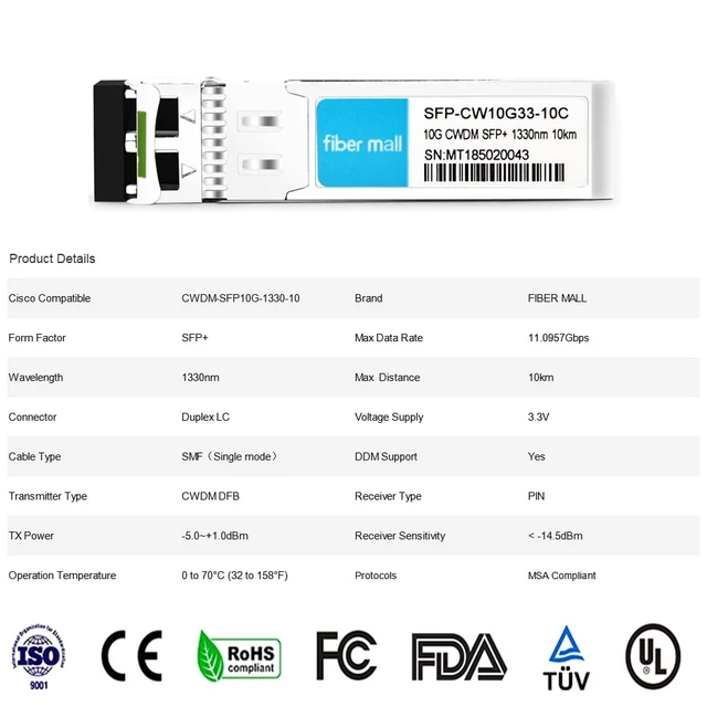Alt view image 2 of 6 - 10G CWDM SFP+ for Juniper Networks EX-SFP-10GE-CWE33-10 CWDM SFP 10 Gigabit 1330mm 10km DOM Duplex LC Single Module Transceiver Module