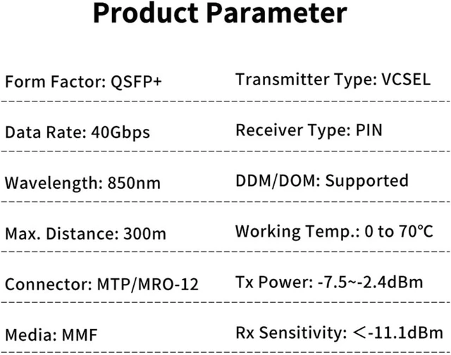 Alt view image 6 of 6 - 40G QSFP+SR 850nm 300m MPO Connector SFP Fiber Optical SFP Transceiver DDM Function Compatible with Switch(1pcs)