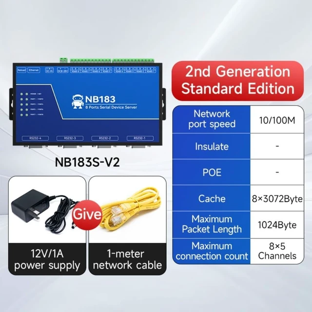 Alt view image 2 of 7 - 8 Channel RS485 RS232 to Ethernet Serial Server NB183-V2 Series TCP UDP MQTT HTTP Modbus Gateway TCP- RTU Host Computer at Command (Non-Isolated)