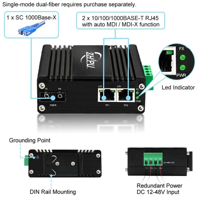 Alt view image 2 of 7 - Industrial Single Mode SC 20km 1Dual-Fiber Media Converter