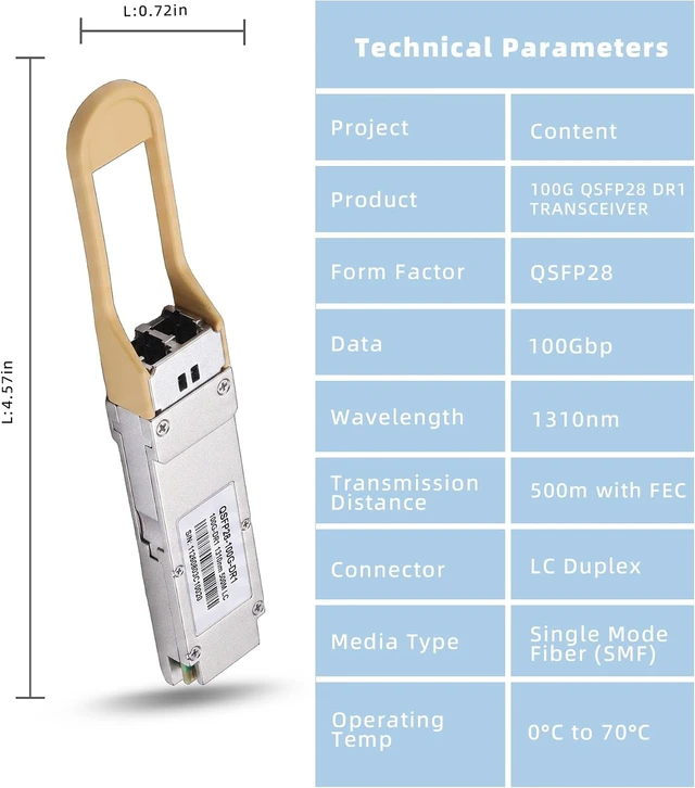 Alt view image 4 of 7 - 100G QSFP28 DR1 Transceiver, Single Lambda PAM4, 1310nm SMF Duplex LC Optical Module, up to 500m with FEC, DDM, Compatible with Cisco QSFP-100G-DR-S