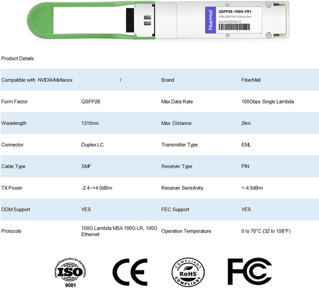 Alt view image 2 of 7 - 100G QSFP28 FR Single Lambda Optical Transceiver Module Compatible with NVIDIA/Mellanox 1310nm 2km LC SMF with FEC DDM