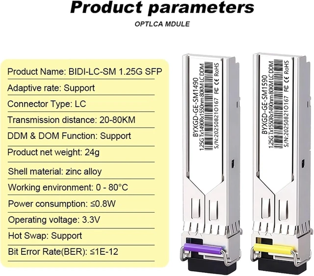 Alt view image 3 of 4 - SFP Module BIDI LC 1.25G SFP Module Adaptive Rate SFP Fiber Optic Transceiver(1.25G BIDI -80KM)