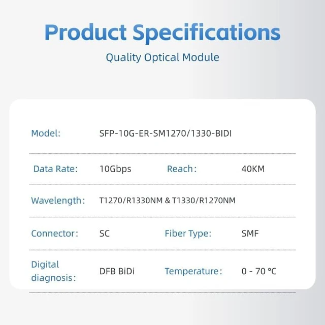 Alt view image 3 of 7 - 10G SFP+ ER BIDI Optical Transceiver, 40km Single Fiber, 1270nm/1330nm Wavelength, SC Connector, Industry-Standard Compatible