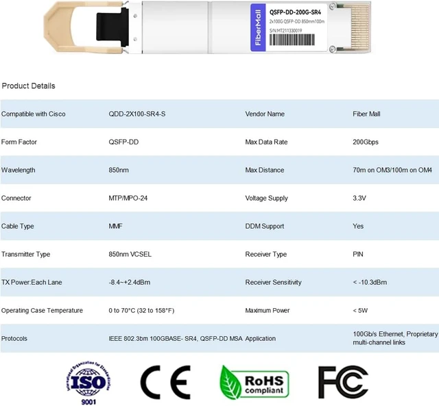 Alt view image 2 of 5 - 200G QSFP-DD SR4 Optical Transceiver Module, Compatible with Cisco QDD-2X100-SR4-S 200GBASE-SR4 850nm 100m DDM MPO-24 MMF