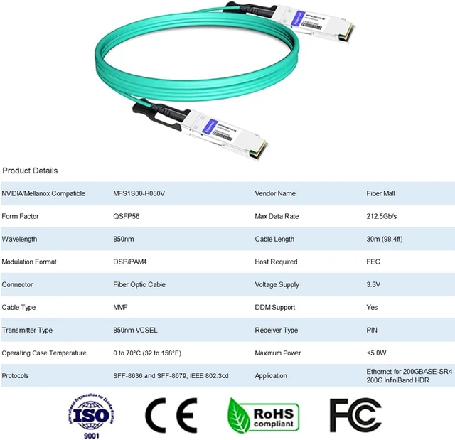 Alt view image 2 of 6 - fiber mall 200G InfiniBand HDR QSFP56 to QSFP56 Active Optical Cable,AOC Compatible with NVIDIA/Mellanox MFS1S00-H050V 50m (164ft)