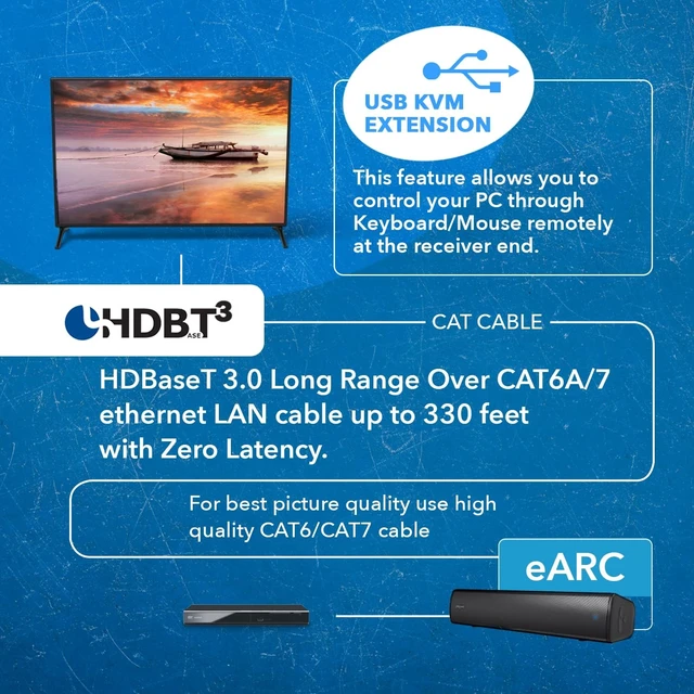 Alt view image 4 of 7 - OREI USB Extender Over Cat6 330ft, HDBaseT 3.0, 4K Loop Out, Two-Way IR/KVM