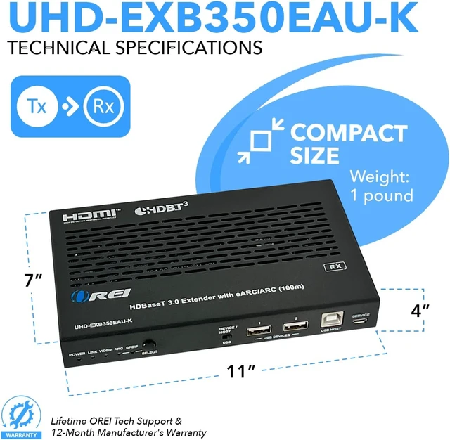 Alt view image 5 of 7 - OREI USB Extender Over Cat6 330ft, HDBaseT 3.0, 4K Loop Out, Two-Way IR/KVM