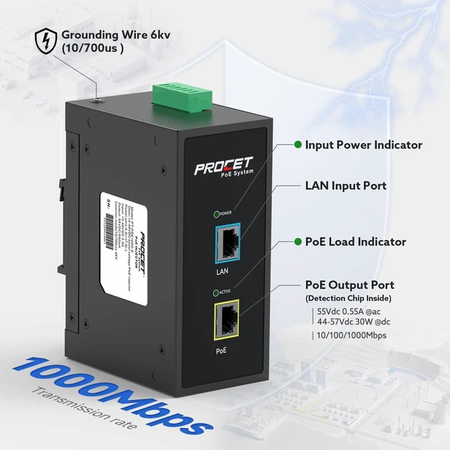 Alt view image 3 of 7 - PROCET Gigabit PoE+ Injector Din Rail, 30W Industrial PoE Adapter with Wide Temp -40°F to 149°F, 6KV Surge Protection, AC/DC Input, IEEE802.3af/802.3at, PT-PSE105G-AC