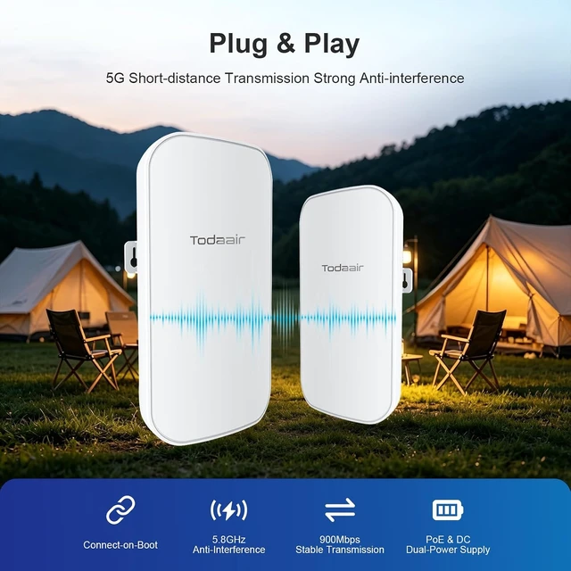 Alt view image 2 of 7 - TODAAIR Point to Point Wireless Bridge, 867Mbps, 1KM, PoE, IP65, 2-Pack