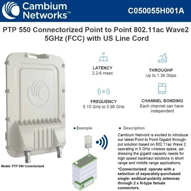Main image of Cambium Networks - C050055H001A - PTP550 5GHz Connectorized End with AC Power Supply, Mounting Bracket and US Line Cord (FCC)