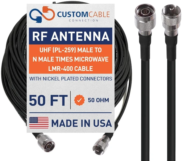 Main image of UHF (PL-259) Male to N Male Times Microwave LMR-400 Cable - Radio Tower Cable (50 Foot)
