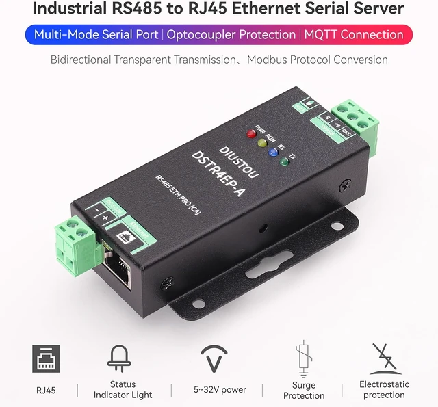Alt view image 2 of 7 - RS485 to Ethernet Converter, Serial to RJ45 Server, Industrial Isolated