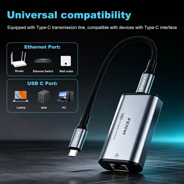 Alt view image 7 of 7 - FENVI 10Gbps USB-C to RJ45 Ethernet Adapter with Realtek RTL8159 for PC