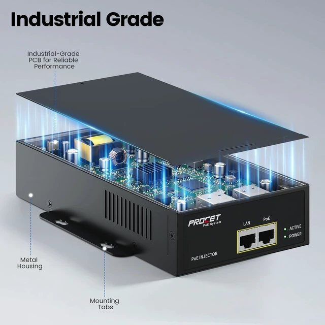 Alt view image 4 of 7 - PROCET PoE Injector 10GbE Gigabit PoE++160W, -40 to 104, 6Kv Surge Protection for mmWave Bridge/Access Point, PTZ/AI Camera, Speed Radar Sign, Smart Factory, LED Kiosks, Base Station
