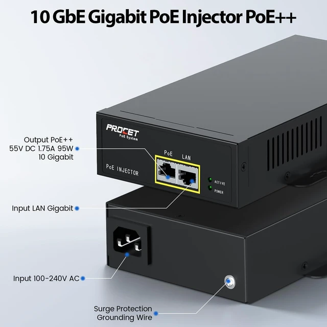 Alt view image 2 of 6 - PROCET PoE Injector 10GbE Gigabit PoE++ 95W, -40 to 149, 6Kv Surge Protection for mmWave Bridge, PTZ/AI Camera, Speed Radar Sign, Access Point, Smart Factory, Commercial Kiosk Display, Base Station