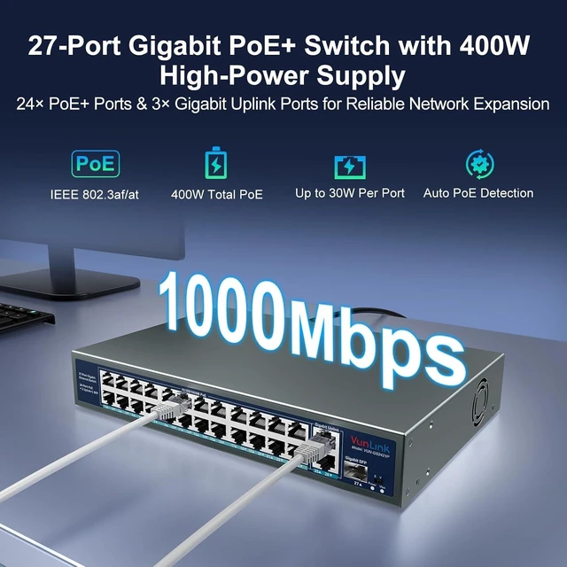Alt view image 2 of 7 - 24 Port Gigabit PoE+ Switch with 2 RJ45 & 1 SFP Uplink, 400W Power Budget