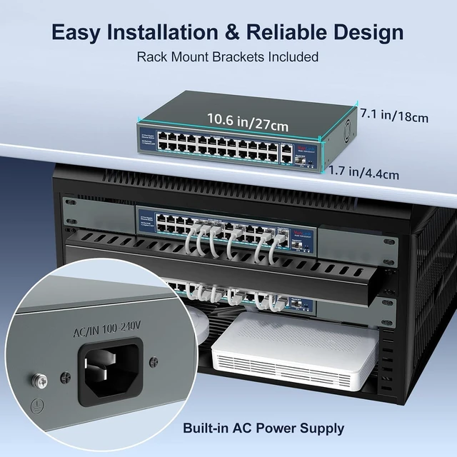 Alt view image 6 of 7 - 24 Port Gigabit PoE+ Switch with 2 RJ45 & 1 SFP Uplink, 400W Power Budget