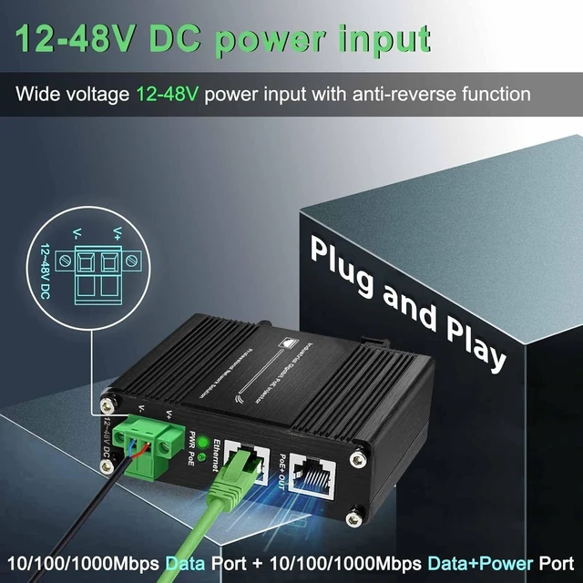 Alt view image 3 of 7 - 1-Port 10/100/1000 Base-T RJ45 to 1-Port IEEE802.3at 60W PoE Injector