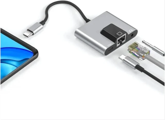 Alt view image 3 of 7 - Type C to Ethernet LAN Network Adapter Hub USB C to 3.5mm PD Charging Docking Station