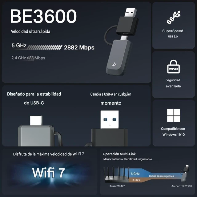 Alt view image 4 of 7 - TP-Link Archer TBE230U Wi-Fi 7 WLAN Stick for PC, USB-C/A WLAN Adapter BE3600 Dual Band, MU-MIMO, WPA3, USB 3.0, Only Compatible with Windows 10/11, No 6GHz Support, Not for Linux/Android