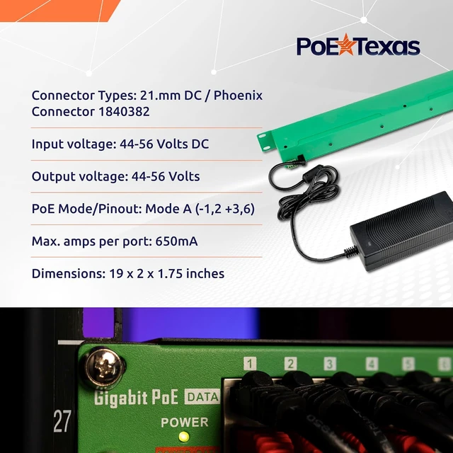 Alt view image 4 of 7 - PoE Texas 24-Port IEEE 802.3at PoE+ Injector with 2 x 120W Supplies