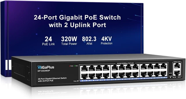 Main image of 26 Port Gigabit PoE Switch with 24 Port PoE+ 1000Mbps, 2x1000Mbps Uplink, GiGaPlus 26 Port IEEE802.3af/at PoE @320W, Support VLAN, Metal Housing, Desktop or Wall-Mount, Plug & Play