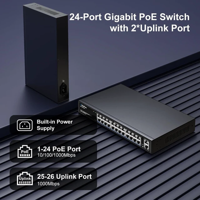 Alt view image 2 of 7 - 26 Port Gigabit PoE Switch with 24 Port PoE+ 1000Mbps, 2x1000Mbps Uplink, GiGaPlus 26 Port IEEE802.3af/at PoE @320W, Support VLAN, Metal Housing, Desktop or Wall-Mount, Plug & Play