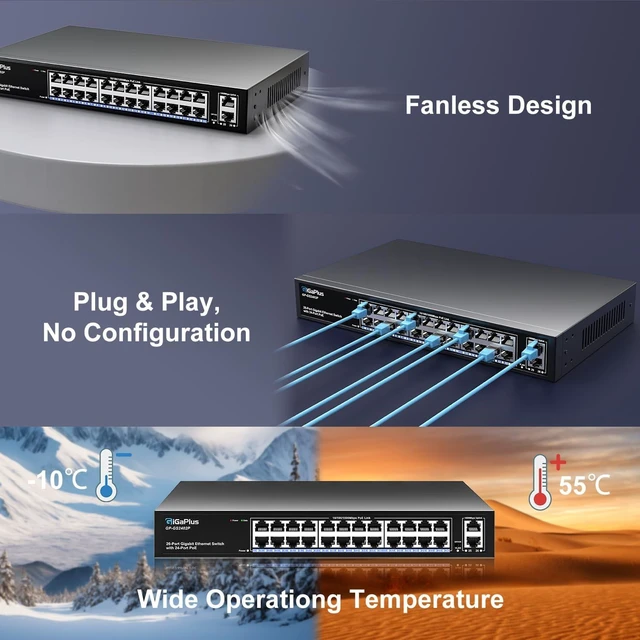 Alt view image 7 of 7 - 26 Port Gigabit PoE Switch with 24 Port PoE+ 1000Mbps, 2x1000Mbps Uplink, GiGaPlus 26 Port IEEE802.3af/at PoE @320W, Support VLAN, Metal Housing, Desktop or Wall-Mount, Plug & Play