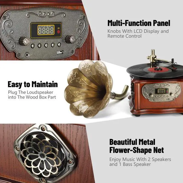 Alt view image 4 of 7 - LuguLake Record Player Retro Turntable All in One Vintage Phonograph Nostalgic Gramophone for LP with Copper Horn, Built-in Speaker 3.5mm Aux-in/USB/FM Radio