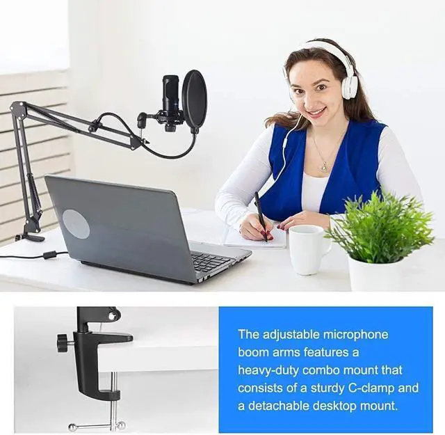 Alt view image 2 of 7 - Condenser Microphone, Intelligent Noise Reduction Cardioid Computer Mic Kit with Adjustable Scissor Arm, Shock Mount, Pop Filter for Recording, Podcasting, Voice Over, Home Studio, YouTube