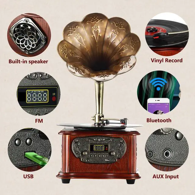 Alt view image 6 of 7 - LuguLake Record Player Retro Turntable All in One Vintage Phonograph Nostalgic Gramophone for LP with Copper Horn, Built-in Speaker 3.5mm Aux-in/USB/FM Radio